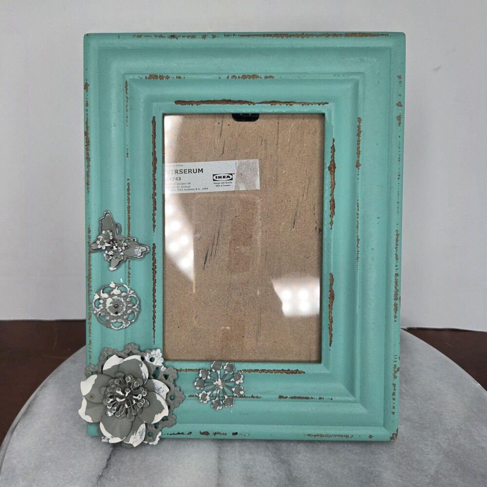 IKEA VIRSERUM Photo Frame 4x6 Blue Distressed Wood Floral Butterfly Shabby Chic